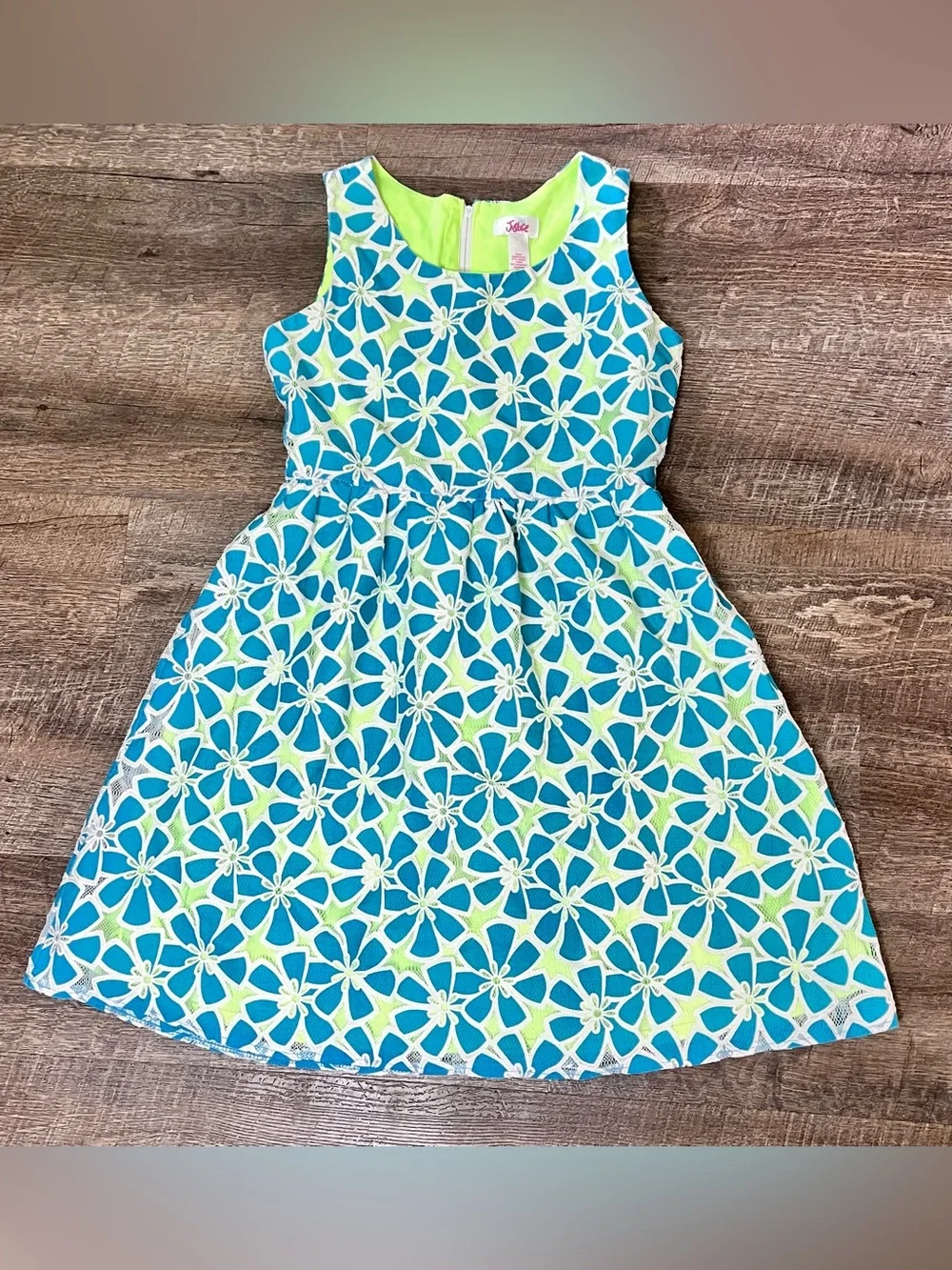 Justice Floral Lace Fit & Flare Dress Blue Lime Girls 12 Easter Party